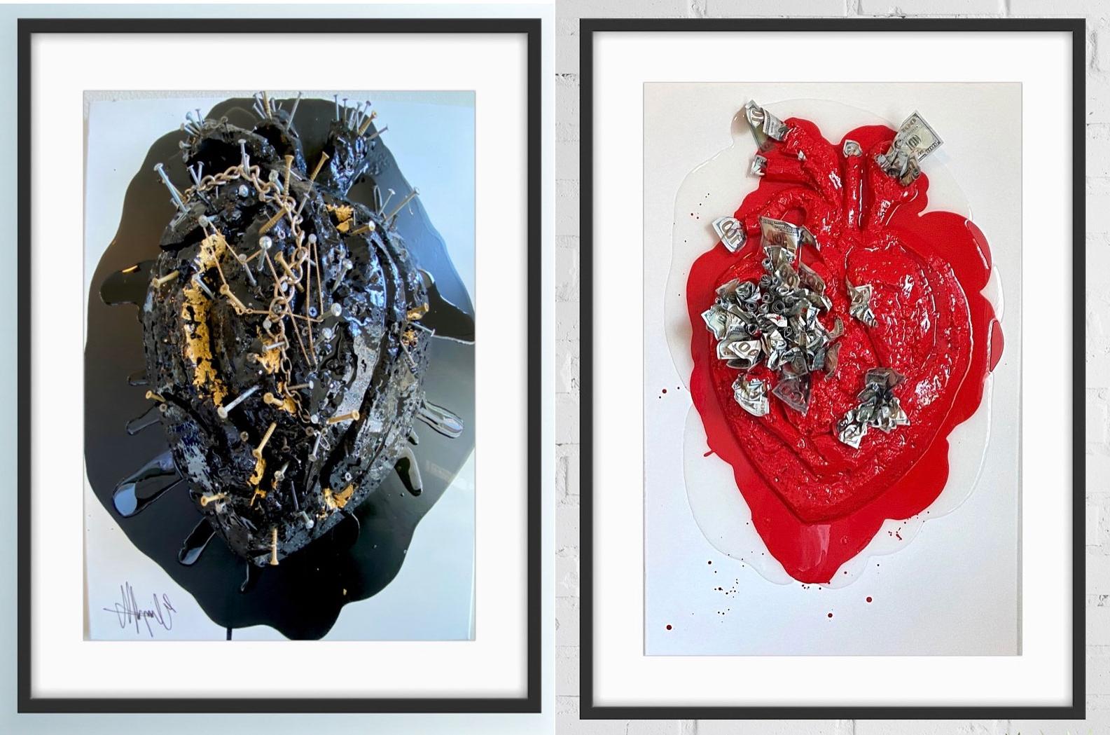 Two pieces of artwork that depict anatomically correct hearts in red and black.